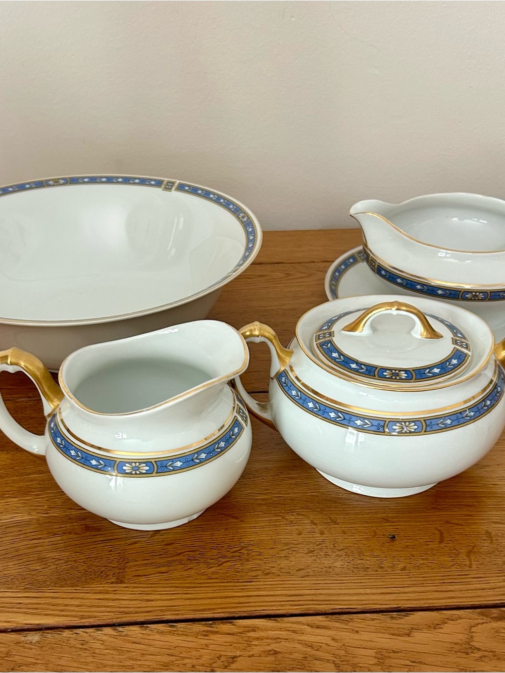 Vintage Blue & Gold Trim Porcelain Sugar and Creamer Set - White Porcelain